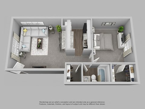 Floor plan for 1 bed, 1 bath, 722 sqft